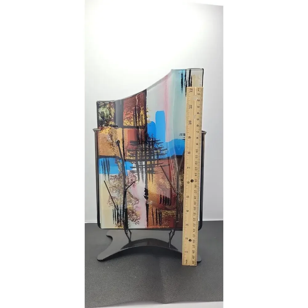 Abstract Art Glass Vase w/ Metal Stand Mid Century Modern Multicolor Decorative